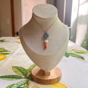 Floral Flower Hawaiian Hibiscus Peach Turquoise Beige Czech Glass Fun Necklace